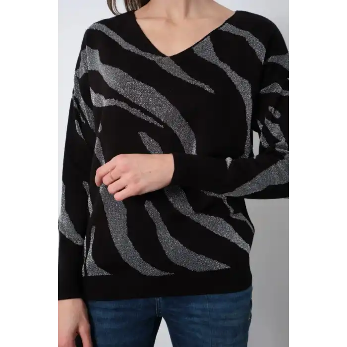 Kadın Siyah V Yaka Zebra Desen Yeni Sezon Komfort Model Likralı Tiriko
