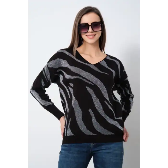 Kadın Siyah V Yaka Zebra Desen Yeni Sezon Komfort Model Likralı Tiriko