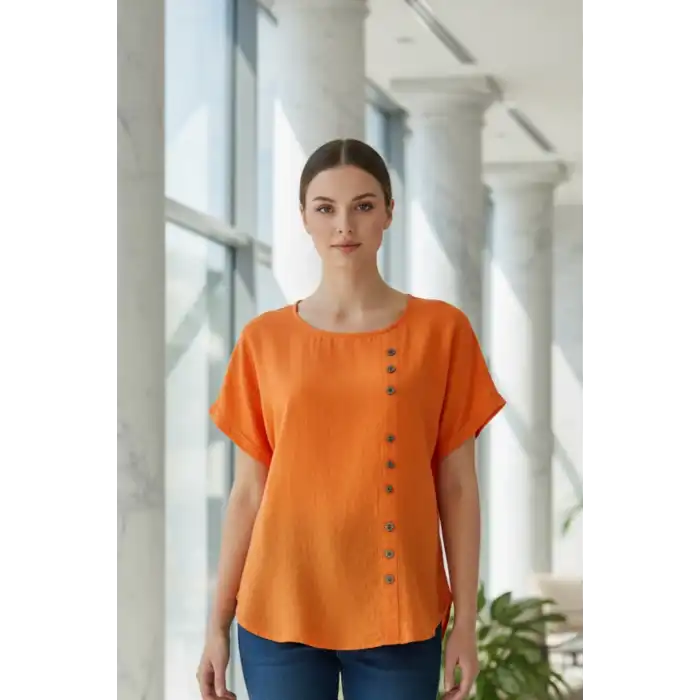 Kadın Turuncu Bisiklet Yaka Önü Düğmeli Pamuk Keten Kumaş Buluz