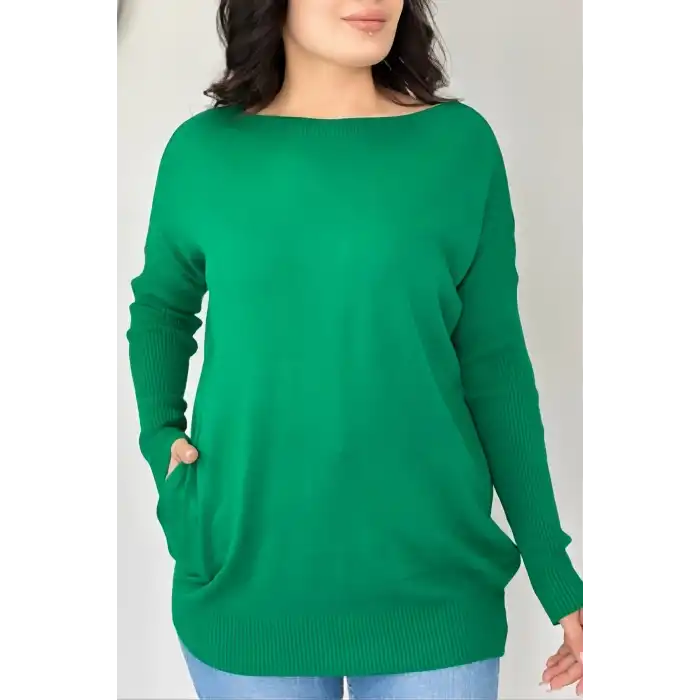 Kadın YEŞİL Bisiklet Yaka Yandan Cepli Likralı Yumuşak Dokulu İnce Tiriko Kazak