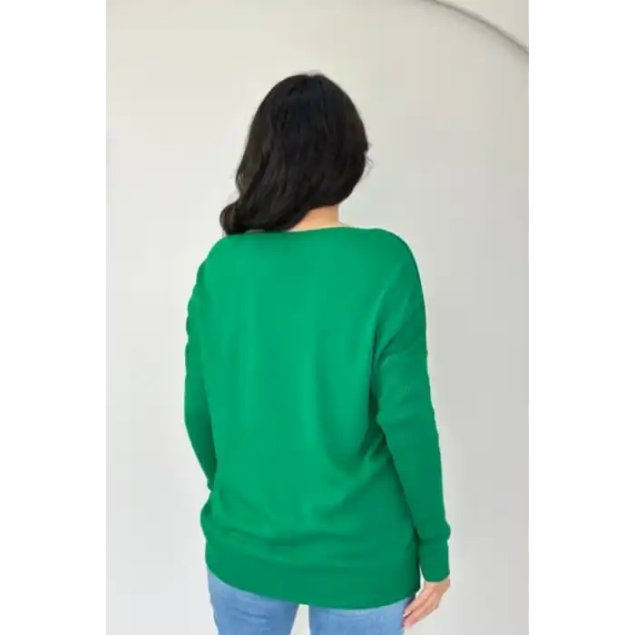 Kadın YEŞİL Bisiklet Yaka Yandan Cepli Likralı Yumuşak Dokulu İnce Tiriko Kazak