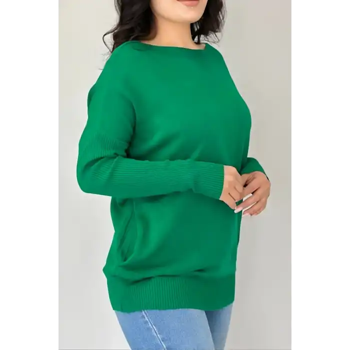 Kadın YEŞİL Bisiklet Yaka Yandan Cepli Likralı Yumuşak Dokulu İnce Tiriko Kazak