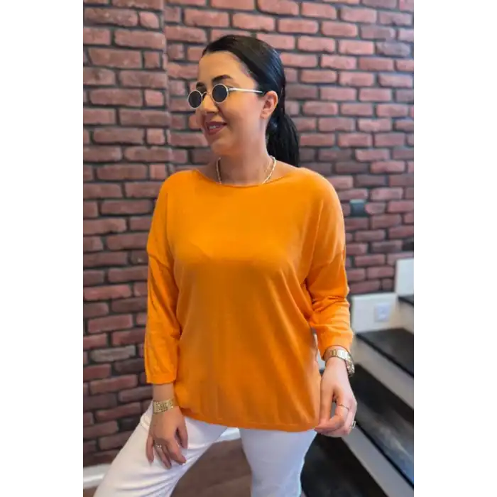 Kadın Turuncu Kayık Yaka Likralı % 100 PAMUK İPLİK İnce Triko Bluz