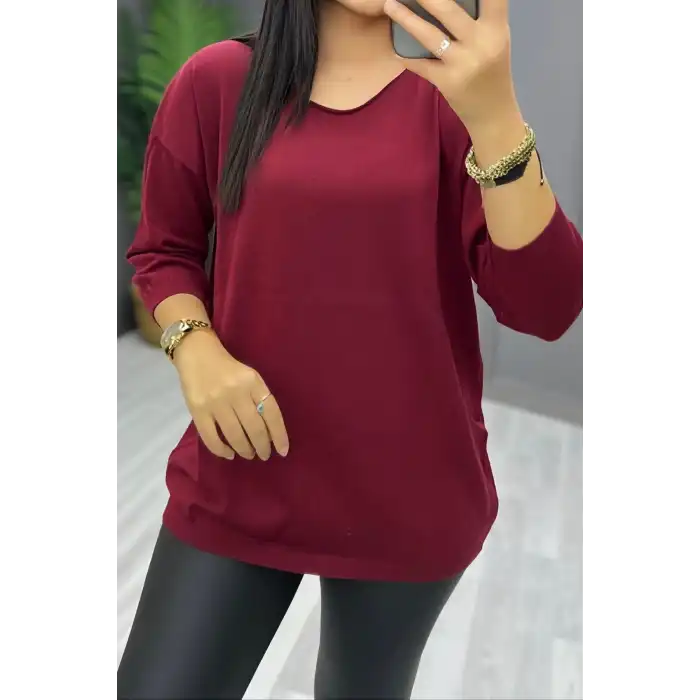 Kadın VİŞNERENGİ Kayık Yaka Likralı İnce % 100 PAMUK İPLİK Triko Bluz