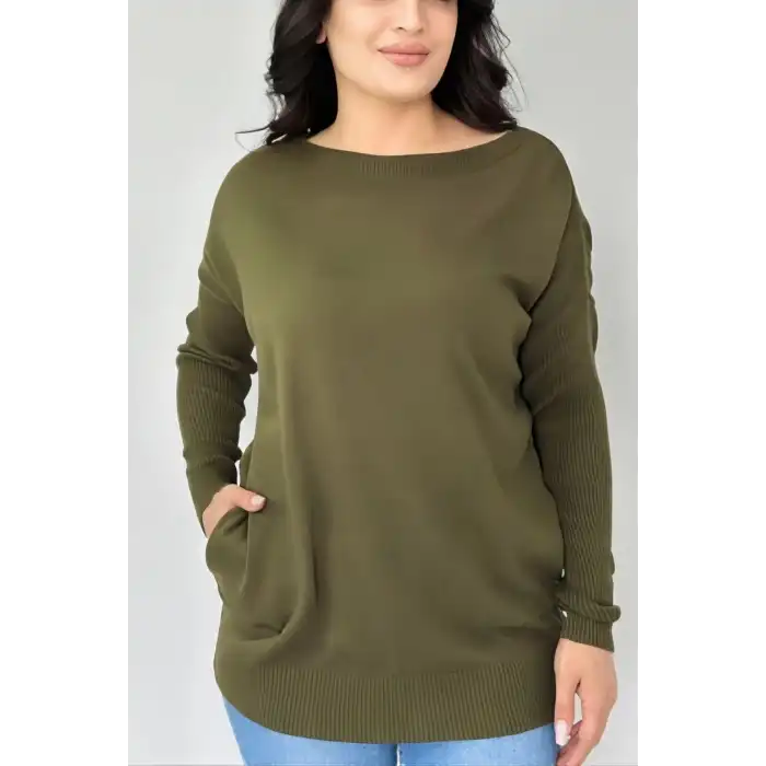 Kadın HAKİ YEŞİLİ Bisiklet Yaka Yandan Cepli Likralı Yumuşak Dokulu İnce Tiriko Kazak