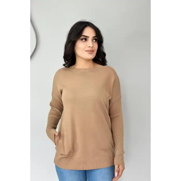 Kadın VİZON Bisiklet Yaka Yandan Cepli  Likralı Esnek Yumuşak Dokulu Triko Bluz