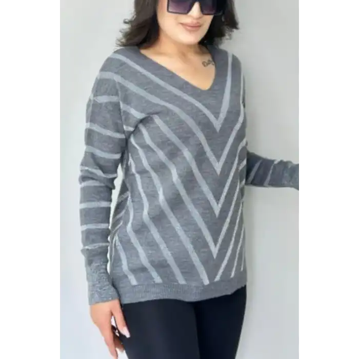 Kadın Gıri V Yaka Verev Sim Çizgili Likralı İnce Tiriko Yumuşak Dokulu Kazak