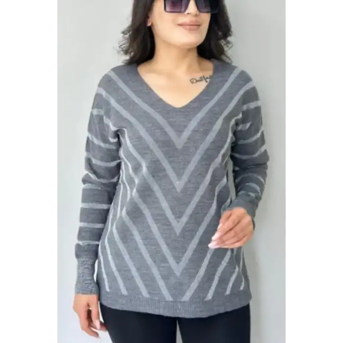 Kadın Gıri V Yaka Verev Sim Çizgili Likralı İnce Tiriko Yumuşak Dokulu Kazak