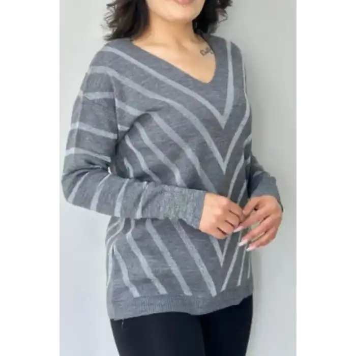 Kadın Gıri V Yaka Verev Sim Çizgili Likralı İnce Tiriko Yumuşak Dokulu Kazak
