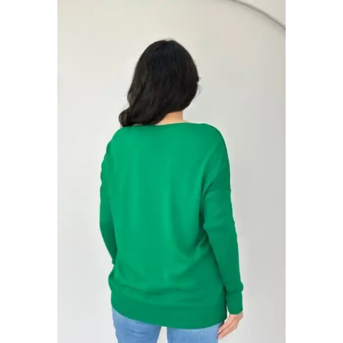 Kadın Yeşil Bisiklet Yaka Yandan Cepli Likralı Esnek Yumuşak Dokulu Triko Bluz