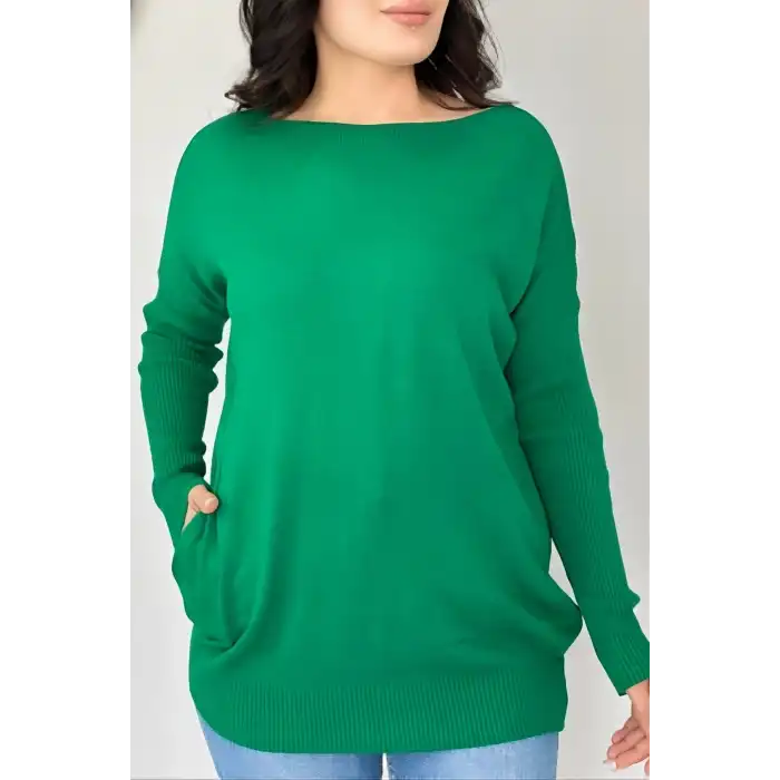 Kadın Yeşil Bisiklet Yaka Yandan Cepli Likralı Esnek Yumuşak Dokulu Triko Bluz