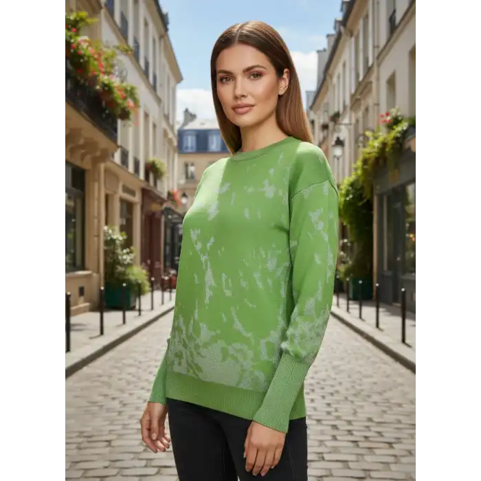 Kadın Yeşil Gri Sim Detaylı Bisiklet Yaka Batik Desen Yeni Sezon Likralı Esnek Tiriko Kazak