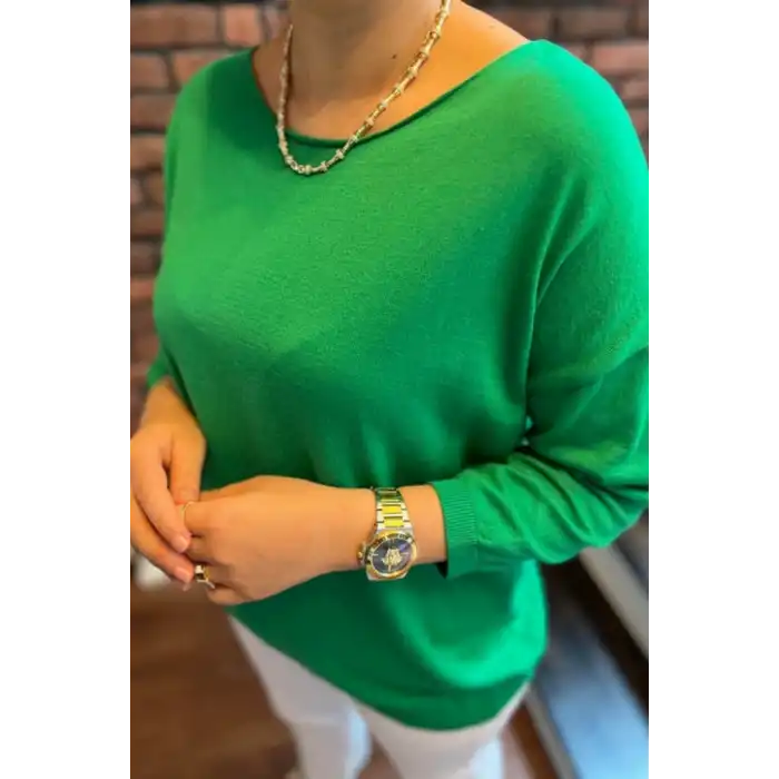 Kadın Yeşil Kayık Yaka Likralı % 100 PAMUK İPLİK İnce Triko Bluz