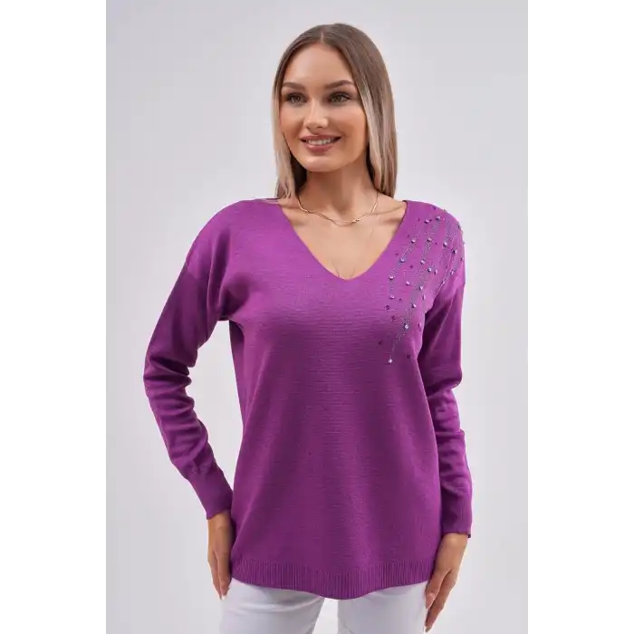 Kadın Mor V Yaka Omzu Kristal İnci Ve Taş İşlemeli Likralı Tiriko Kazak Bluz