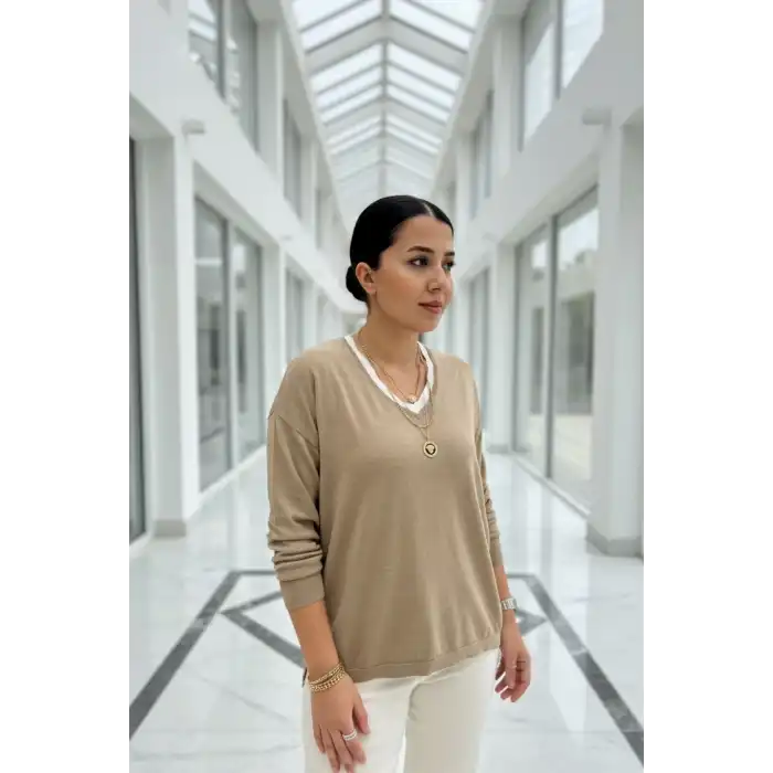 Kadın Bej V Yaka Yakası Çift Renkli Pamuk Örgü Likarlı İnce Triko Buluz