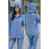 Kadın Açık Mavi Sırtı Yıldız Nakışlı Kapüşonlu Cepli Eteği Kordonlu KOT Gömlek Ceket