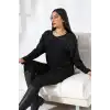 Kadın Siyah Bisiklet Yaka Omuzlar Kıristal Taş İşlemeli Likralı Esnek Buluz