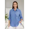 Kadın Mavi  Göğsü Nakış Detaylı Müslin Kumaş Kol Katlamalı Gömlek