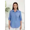 Kadın Mavi  Göğsü Nakış Detaylı Müslin Kumaş Kol Katlamalı Gömlek