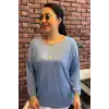 Kadın Açık Mavi Kayık Yaka Likralı % 100 PAMUK İPLİK İnce Triko Bluz