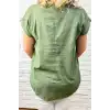 Kadın Yeşil Omzu Ve Cebi FİLE DETAYLI Yıkamalı Keten Kumaş Kısa Kol Buluz Gömlek