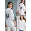 Kadın Beyaz Büyük Beden Sırtı Kelebek Nakışlı Kol Katlamalı Pamuk Keten Kumaş Gömlek Ceket