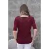 Kadın Bordo V Yaka Yakası Ve Sırtı Detaylı Soğuk İpilik Merserize Likralı Buluz