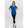 Kadın Büyük Beden Mavi ÖN ARKA V Yaka Omuz Dekolteli Pul İşlemeli Likralı Bluz