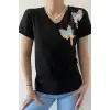 Kadın Büyük Beden Siyah V Yaka Omzu İki Kuşlu Likralı Pamuk Penye Bluz