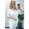 Kadın Büyük Beden Beyaz  Omuzlar Güpürlü Çıkabilen İnci Kolyeli Likralı Buluz