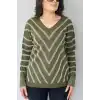 Kadın Haki Yeşil V Yaka Verev Sim Çizgili Likralı İnce Tiriko Yumuşak Dokulu Kazak