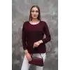 Kadın Bordo renk Bisiklet Yaka SİMLİ İnce Tiriko Duble Kol Manşetli Bluz