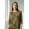 Kadın Haki Yeşil Kayık Yaka Likralı % 100 PAMUK İPLİK İnce Triko Bluz
