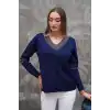 Kadın Lacivert V Yaka Yakası Simli Likralı Rahat Kalıp İnce Triko Buluz