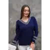 Kadın Lacivert V Yaka Yakası Ve Kolu GIRİ Simli Likralı İthal İp Örgü İnce Tiriko Kazak