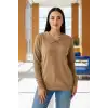 Kadın Kahve Bebe Yakalı Kollar Ajurlu Fileli Simli Likralı Yumuşak Dokulu İnce Tiriko Kazak