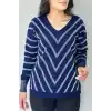 Kadın Lacivert V Yaka Verev Sim Çizgili Likralı İnce Tiriko Yumuşak Dokulu Kazak