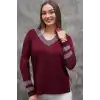Kadın Bordo  V Yaka Yakası Ve Kolu GIRİ Simli Likralı İthal İp Örgü İnce Tiriko Kazak