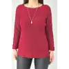 Kadın Kırmızı Bisiklet Yaka SİMLİ İnce Tiriko Duble Kol Manşetli Bluz