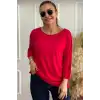 Kadın Kırmızı Kayık Yaka Likralı  % 100 PAMUK İPLİK  İnce Triko Bluz