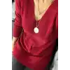 Kadın Kırmızı V Yaka Likralı Dışı Simli İçi Yumoş İnce Triko Bluz
