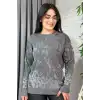 Kadın Koyu Gri Sim Detaylı Bisiklet Yaka Batik Desen Yeni Sezon Likralı Esnek Tiriko Kazak