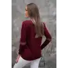 Kadın Bordo V Yaka Yakası Simli Likralı Rahat Kalıp İnce Triko Buluz