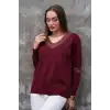Kadın Bordo V Yaka Yakası Simli Likralı Rahat Kalıp İnce Triko Buluz