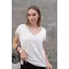 Kadın Beyaz V Yaka Yakası Sim Detaylı Soğuk İplik Yazlık İnce Merserize Buluz