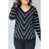Kadın Siyah V Yaka Verev Sim Çizgili Likralı İnce Tiriko Yumuşak Dokulu Kazak
