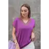 Kadın Mor V Yaka Yakası Sim Detaylı Soğuk İplik Yazlık İnce Merserize Buluz