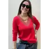 Kadın Kırmızı V Yaka Yakası Simli Likralı Rahat Kalıp İnce Triko Buluz
