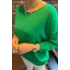 Kadın Yeşil Kayık Yaka Likralı % 100 PAMUK İPLİK İnce Triko Bluz