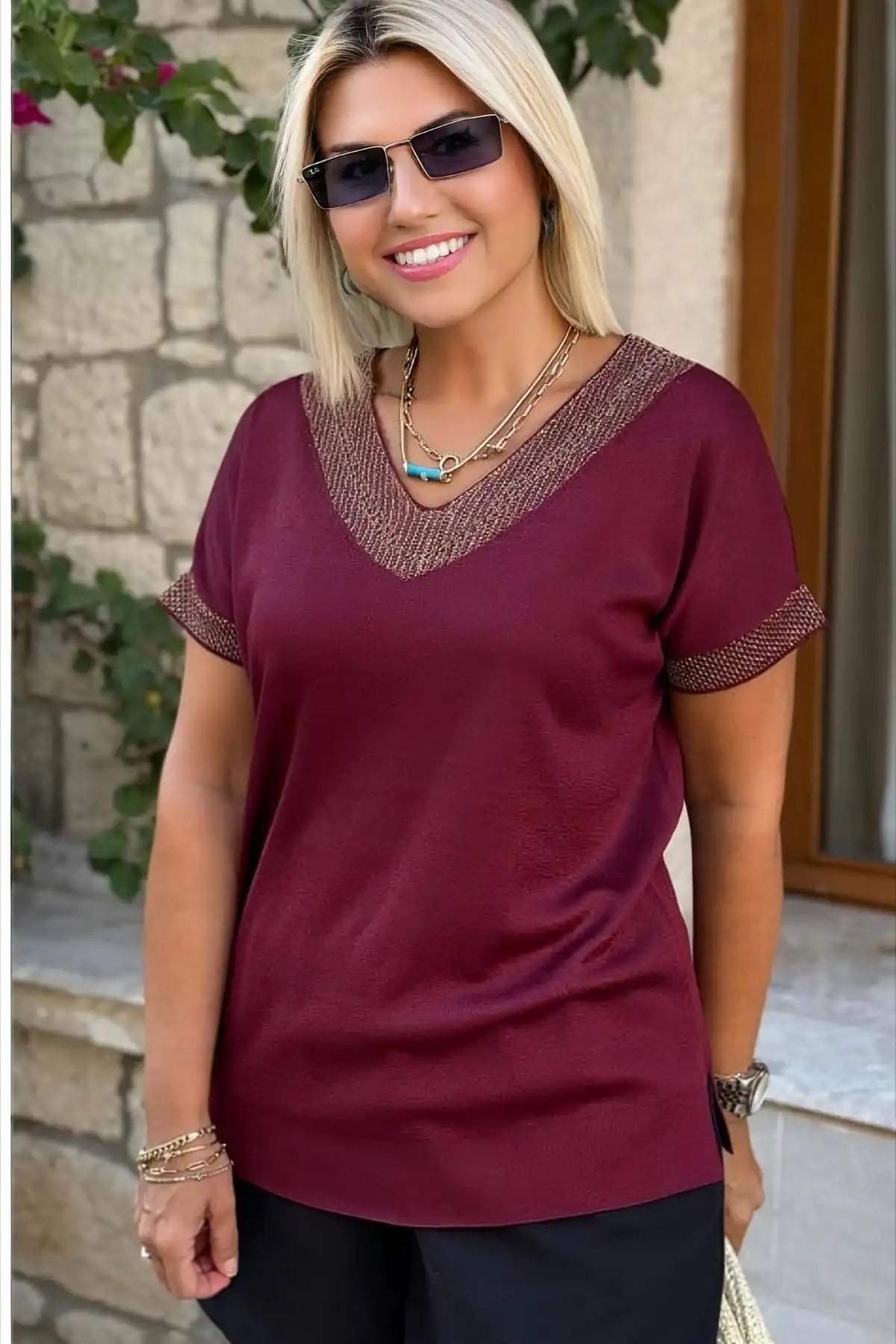 Kadın Bordo V Yaka Yakası Sim Detaylı Soğuk İplik Yazlık İnce Merserize Buluz